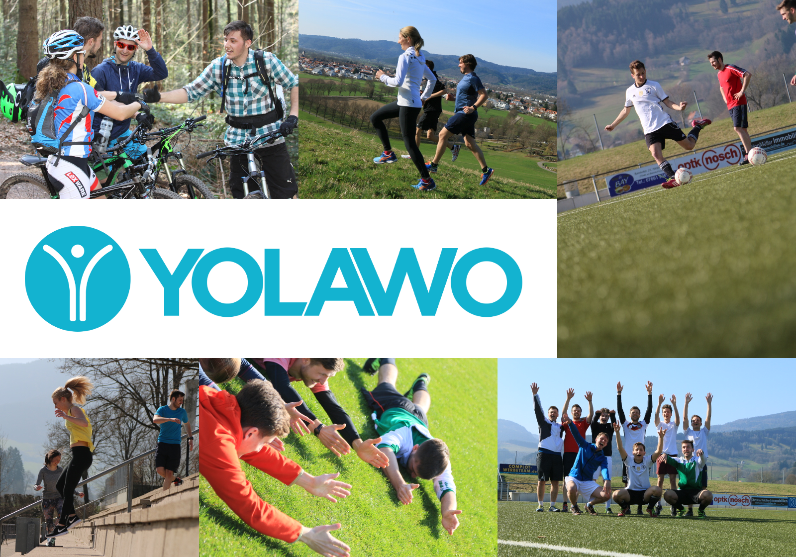 Collage aus Bildern mit Yolawo-Sportaktivitäten und dem Yolawo-Logo
