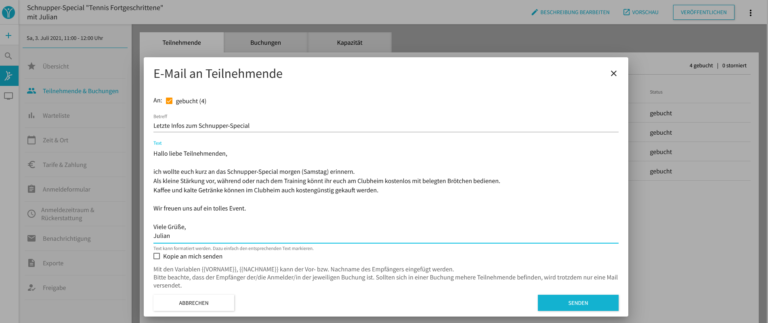 Eine Reminder-Email erinnert alle Teilnehmer an das Event